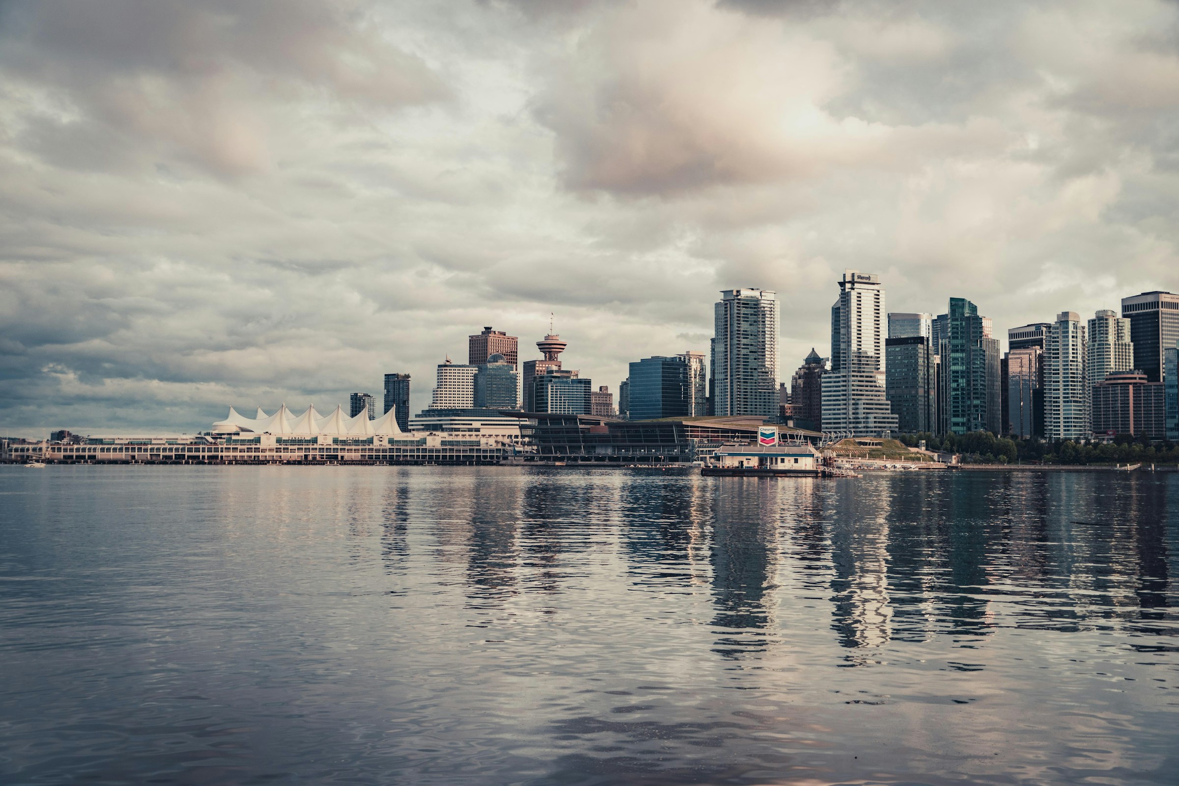 Vancouver waterfront skyline and Canada Place viewed across the harbour
